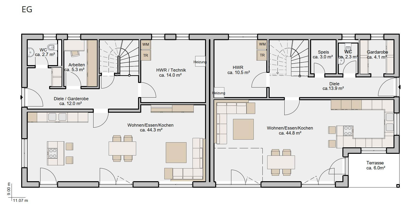 Elegantes Doppelhaus 2 x 150 - Grundriss EG