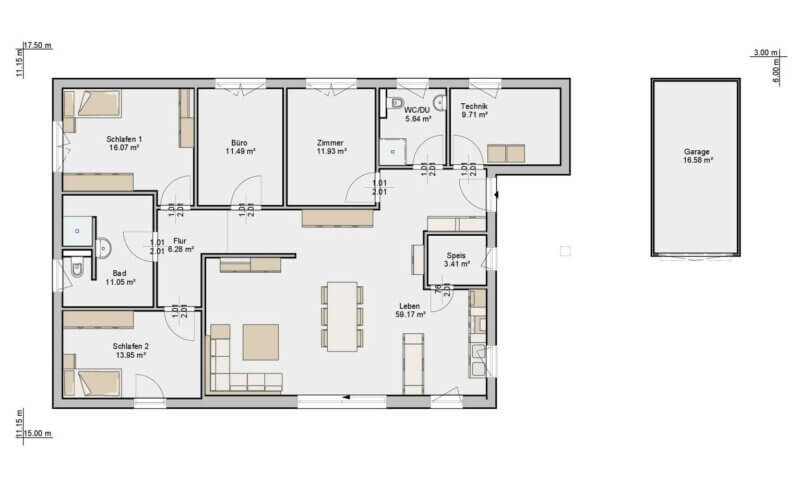 Grundriss eines Fertighaus Bungalows von Albert Haus mit Wohnzimmer, zwei Schlafzimmern, Bad, Ankleide und Garage